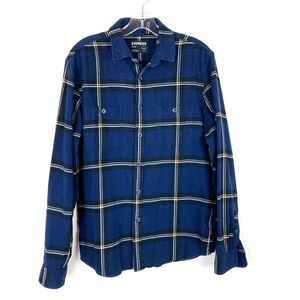 Express Men's Button Down Flannel Shirt Size M Cotton Blue Yellow White Pockets